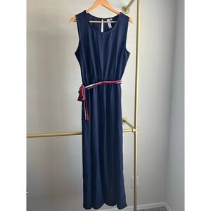 Emma & Michele Navy Maxi Dress Multiple Slits XL Multicolor Belt Preppy Casual